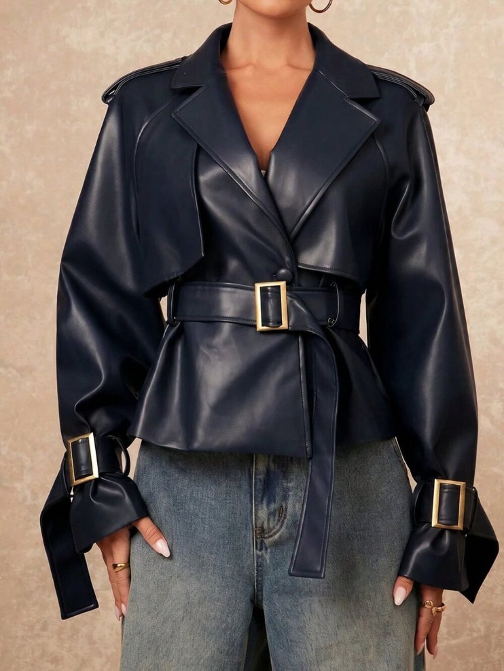 Navy Blue Casual Women's Lined Double Breasted Lapel Jacket